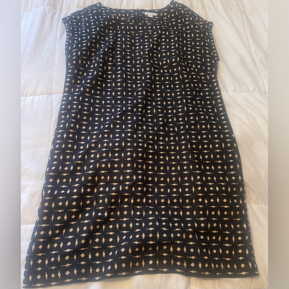 J JILL Linen Dress Black Tan Patterned Size Small Petite Chic Neutral Silhouette